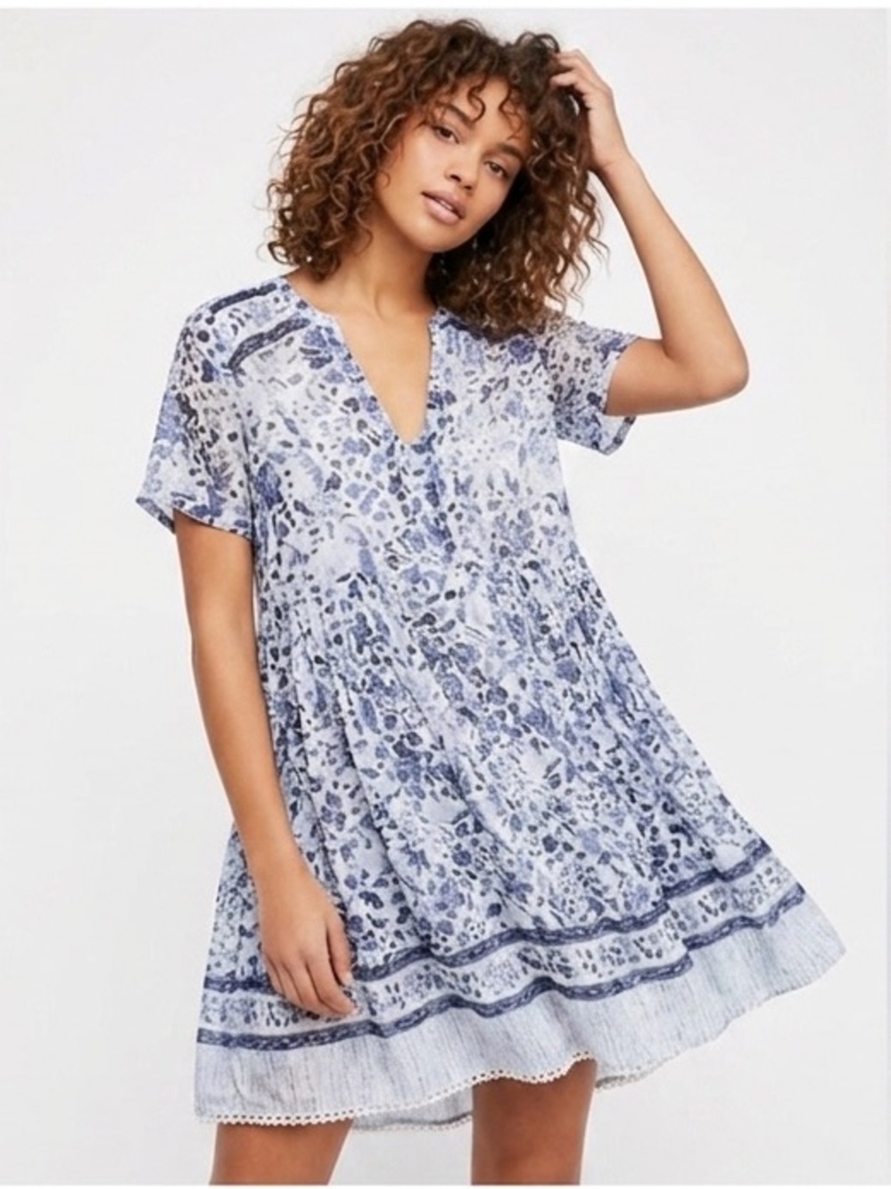 Maeve Floral Boho Babydoll Sheer Dress Blue White Cottagecore Short Sleeve Sz 0